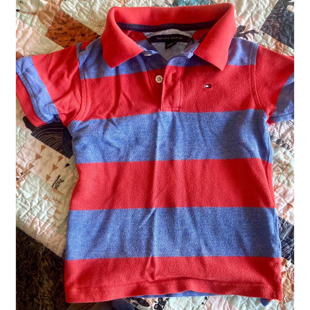 Boys Tommy Hilfiger Red and Blue Striped Polo Top (4T)